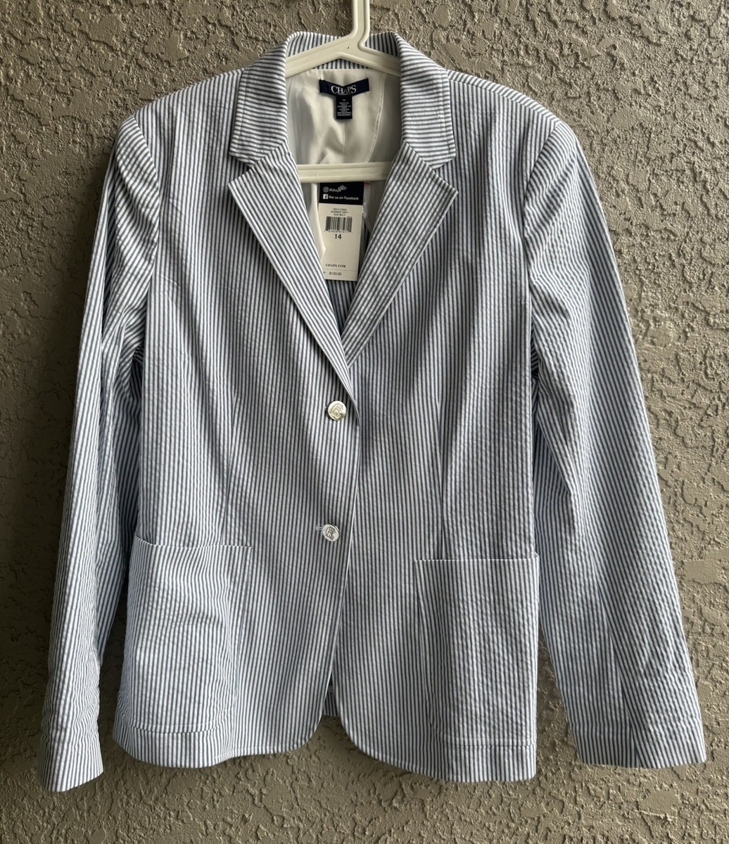 CHAPS Women’s Blue White stripe Seersucker Cotton Coat Blazer Jacket Sz 14  NWT