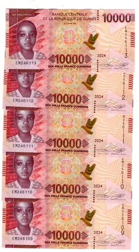 GUINEA LOT 5x 10000 FRANCS 2024  P 49. UNC CONDITION. 6RW 28AGO
