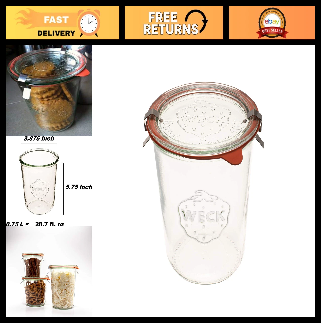 Eco-Friendly Glass Canning Jar - Airtight Food Storage Container 3/4L with Lid &