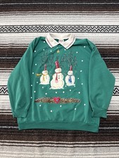 Vtg Holiday Time Grandma Sweatshirt Sweater Women's XL Green Snowmen Collar