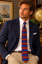 Tommy Hilfiger 100% Silk Tie Red Blue Gold Striped Navy Star Back USA Made