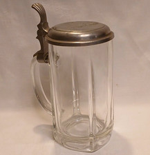 Kristallglas-Bierkrug/Humpen mit Zinndeckel Klappdeckel &bdquo;A. Gick" 0,5 l, Retro !