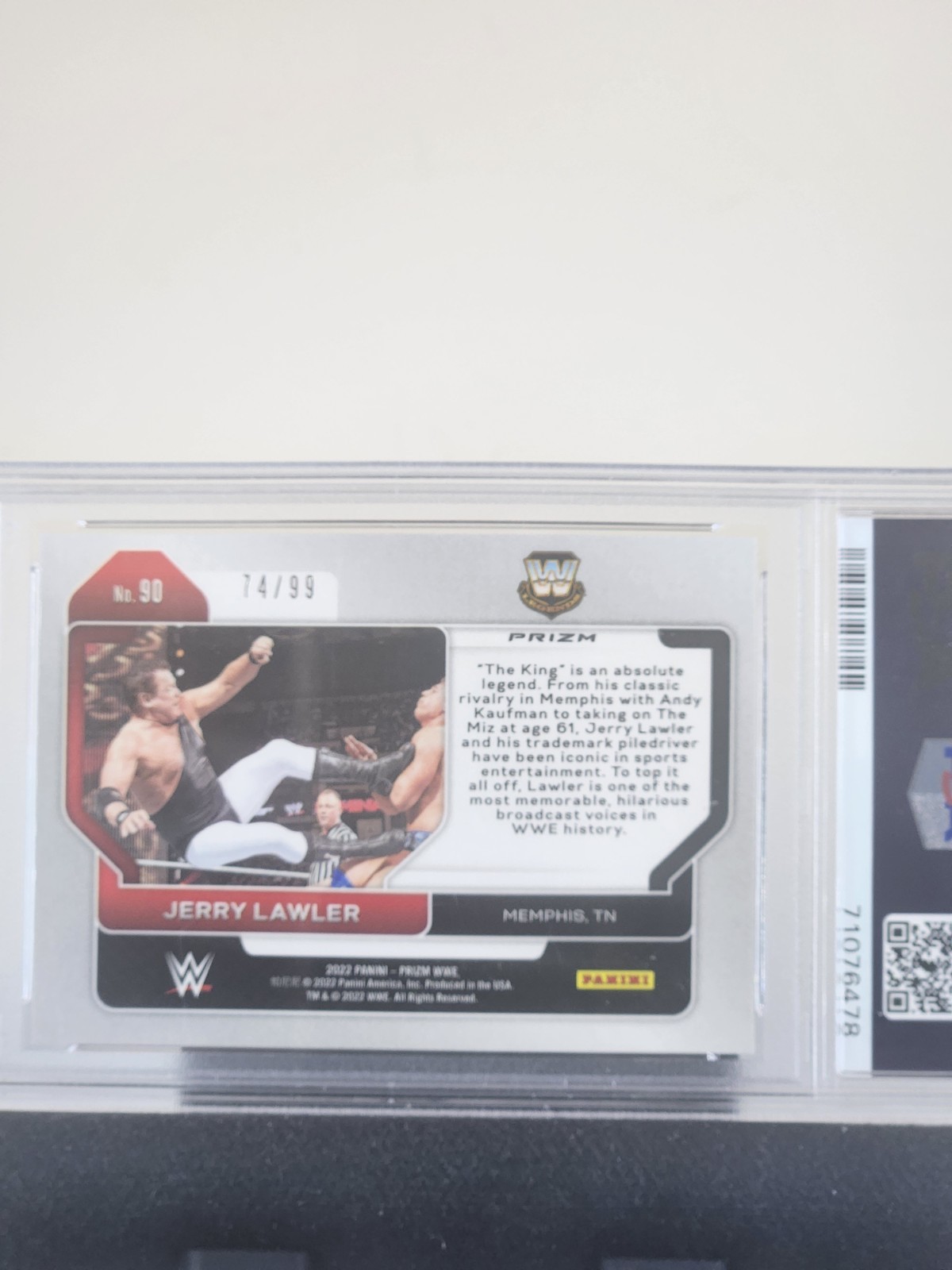 2022 Panini Prizm WWE Jerry Lawler #90 Orange Prizm /99 PSA9 view 2