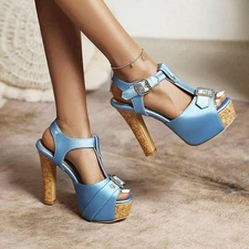 Women's Sandals Platform Peep Toe Shoes Blcok High Heels T-Strap Pumps