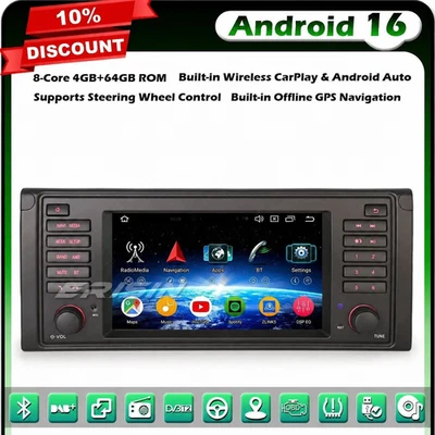 8-Core 64GO Android 16 DAB+ Autoradio GPS Navi CarPlay pour BMW 5 Series E39 DSP - Photo 1/4
