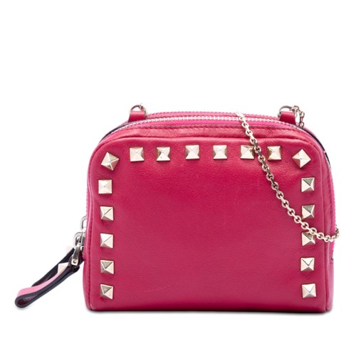 Valentino Leather Rockstud Double Zip Chain Crossbody Pre-Loved Bag Dark Pink