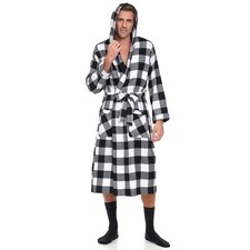 Mens Full Length 55 Cotton Flannel House Robe w/Hood Large/XLarge Black/Plaid
