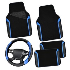 CAR PASS Leather Steering Wheel Cover and Waterproof Car Floor Black  Blue