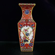 Antique enamel flower and bird patterned square vase