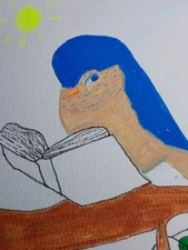 Expressionism Original Painting Blue Bird Reading In Sun Whimsical Animals 4x6 