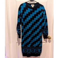 Vintage 80s Geometric Sweater Dress Blue Black Retro Mod Cottagecore Medium