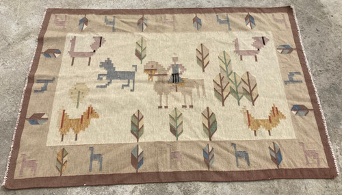 Vintage Traditional Handmade Beautiful Swedish Pictorial Floor Rug 173x123 cm