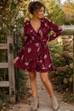 Xhilaration Red Floral Wrap Dress Women’s M Long Sleeve Ruffle Boho Fall Wedding