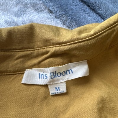 Iris Bloom Yellow Shirt Dress Collared Button Pockets Midi 3/4 Sleeve Size M
