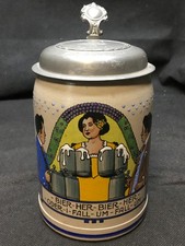 Vintage German Beer Stein Pewter Lid Bier-Her Fall-Um Barmaid Stein
