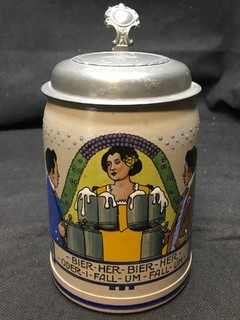 Vintage German Beer Stein Pewter Lid Bier Her Fall Um Barmaid Stein