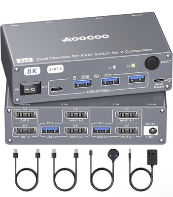 Aoocoo KVM Switch 2 Computers 2 Monitors, 8K@60Hz/4K@240Hz Dual Monitor