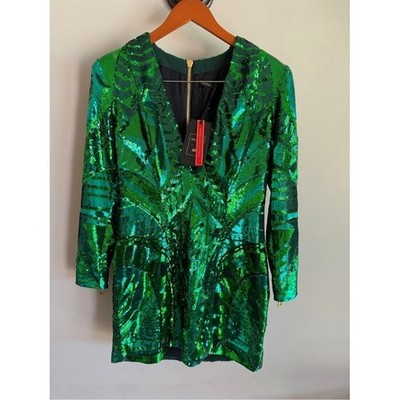 Balmain x H&M Green Sequined Mini Dress V-Neck Long Sleeve Gold Zip NWT