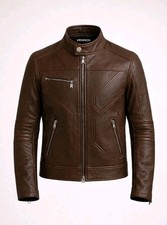 Men s Brown Leather Jacket Slim Fit Cafe Race...