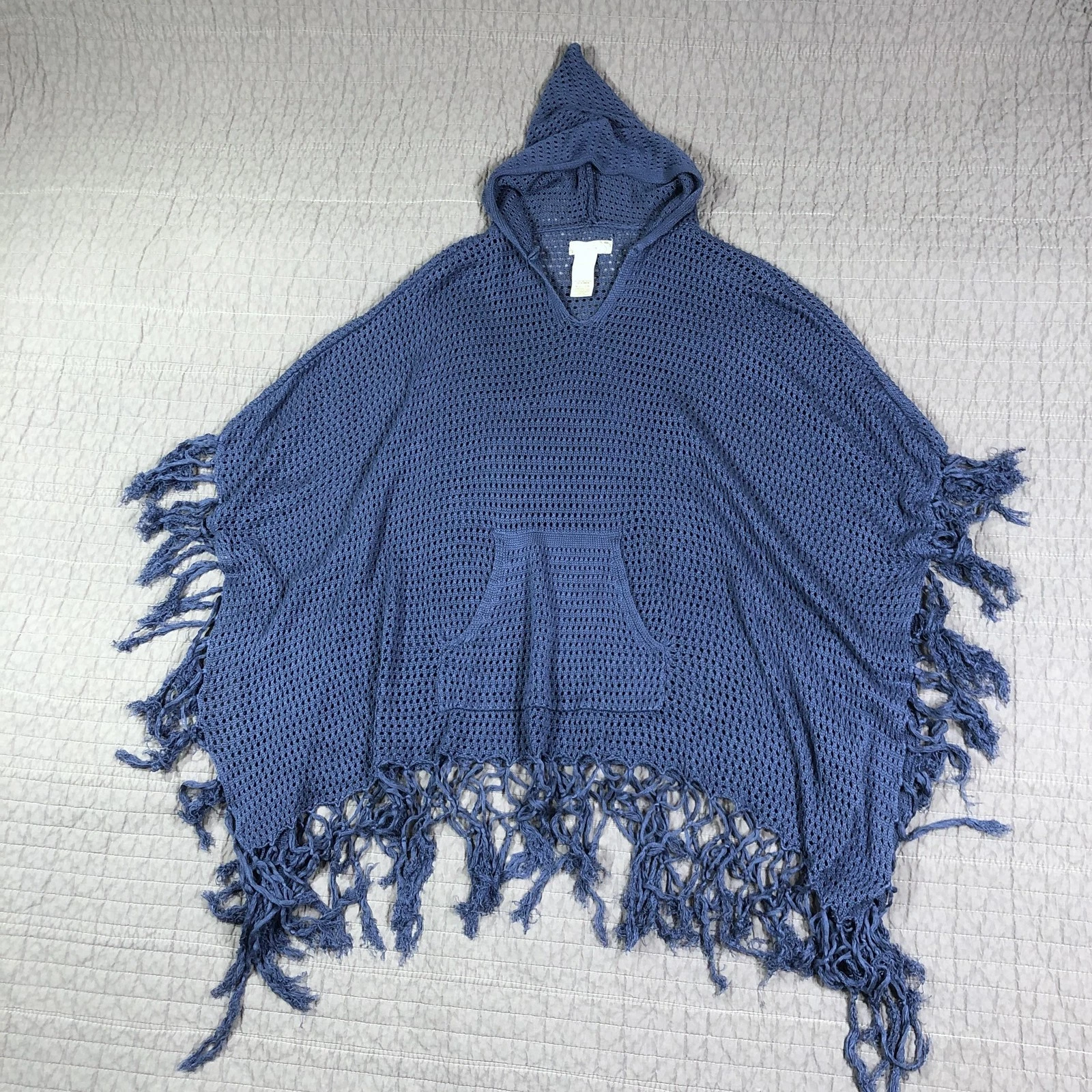 Free People Poncho Women Blue Summer House Hooded Fringe Festival Boho Beach