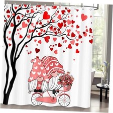 Valentines Shower Curtain, Romantic Gnomes Love Hearts Tree Fabric Shower Red