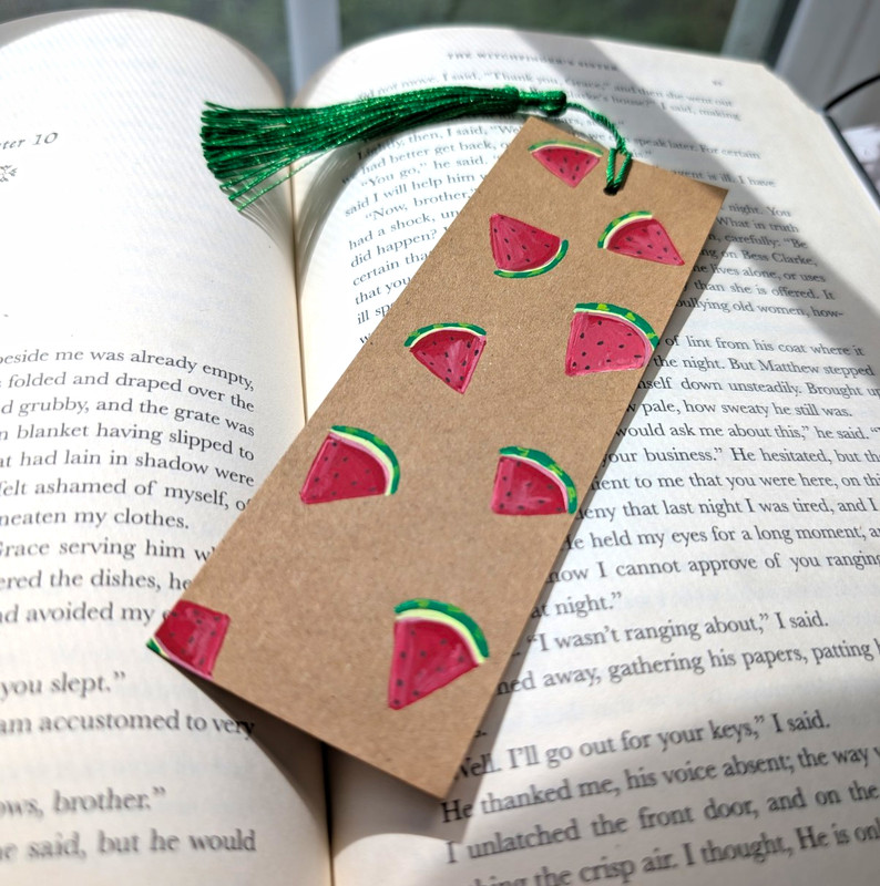 Hand Painted Watermelon Pattern Paper Bookmark Brown Rectangle w/ Green Tassel
