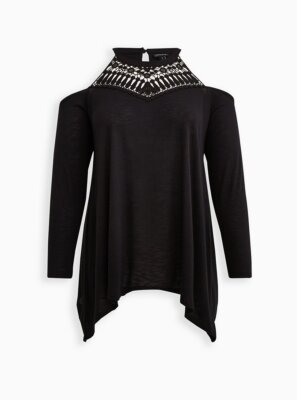 Torrid Knit Crochet High Neck Cold Shoulder Shark Bite Top Black 5 5X 28 #B50554