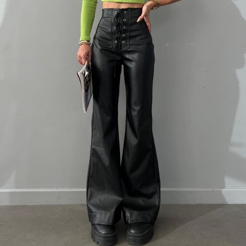 Mujeres Sexy Cuero Sintético Cintura Alta con Cordones Calce Ajustado Pantalones Largos Pantalones - Imagen 4 de 7