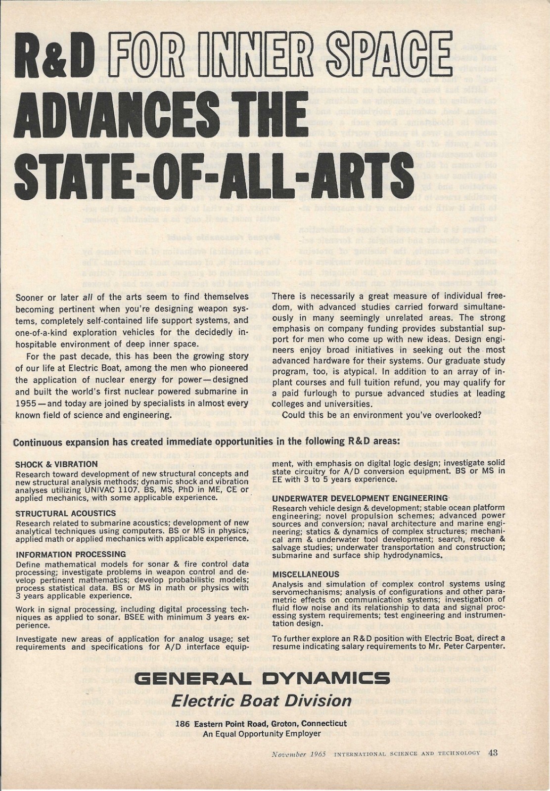 1965 General Dynamics Electric Boat R&D Recruitment Vintage Ad