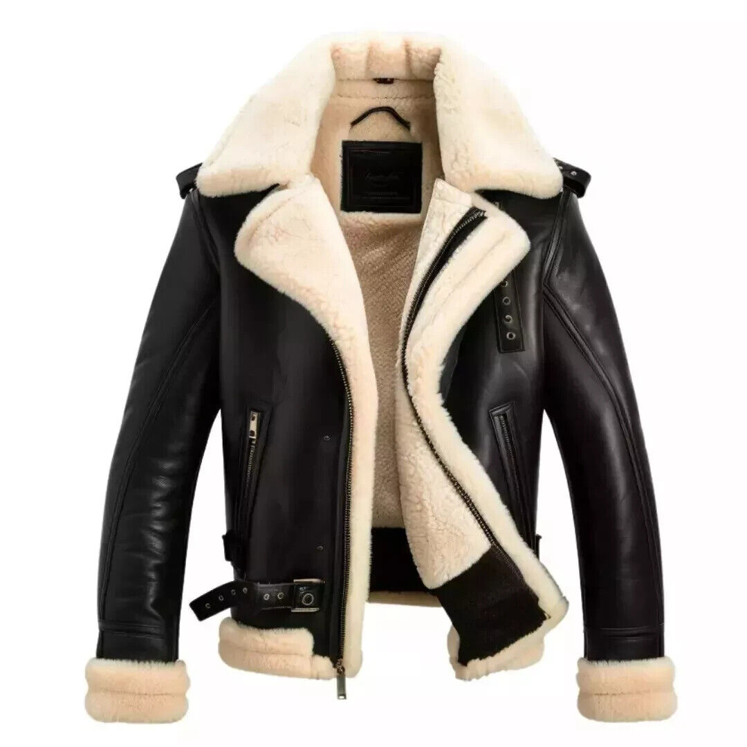 Mens Black Aviator Shearling Real Leather Jacket Sheepskin Mens Black Aviator Shearling Real Leather Jacket Sheepskin