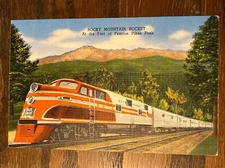 Rocky Mountain Rocket At The Foot Of Famous Pikes Peak RAILROAD TRAIN Linen Card