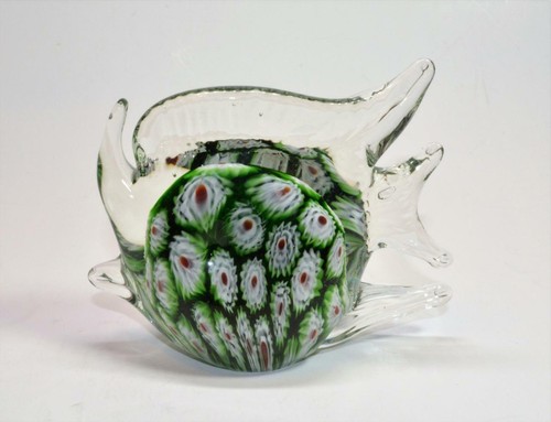 Figurine Presse-papier Murano - Poisson En Verre Rayures Blanches/vertes - Hauteur 18,5cm