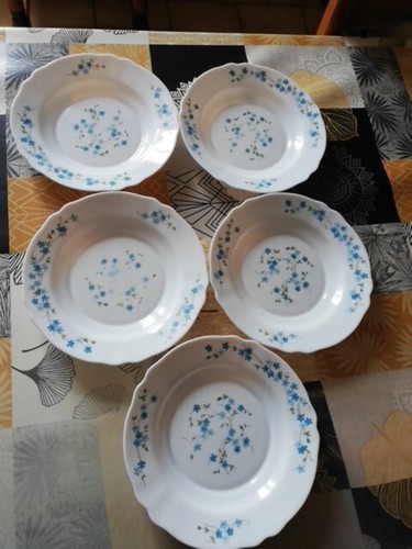 5 Assiettes Creuses Arcopal Modèle Myosotis - Faïence, Occasion Bon état