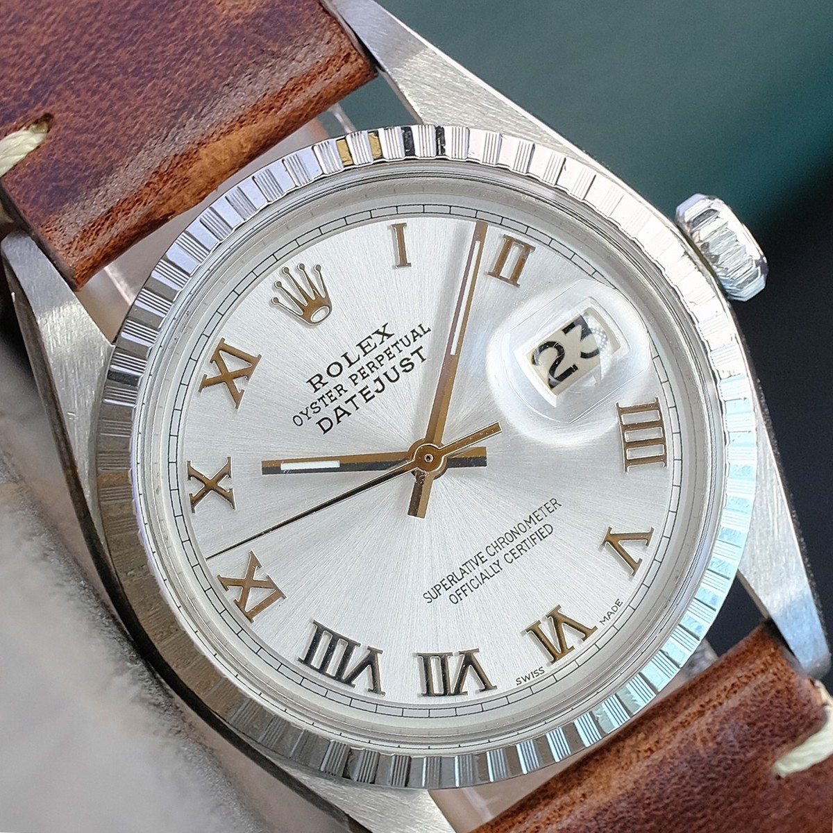 Rolex Mens Datejust Watch Steel Silver Roman Dial Engine Turned Bezel  Leather