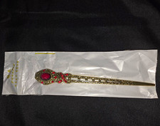 Gold Tone Metal Hair Stick Red Stone Accent Filigree Antique Oval Decorative A2