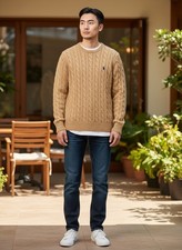 Polo Ralph Lauren Mens Cable Knit Crewneck Sweater Tan Camel Large Pony Logo