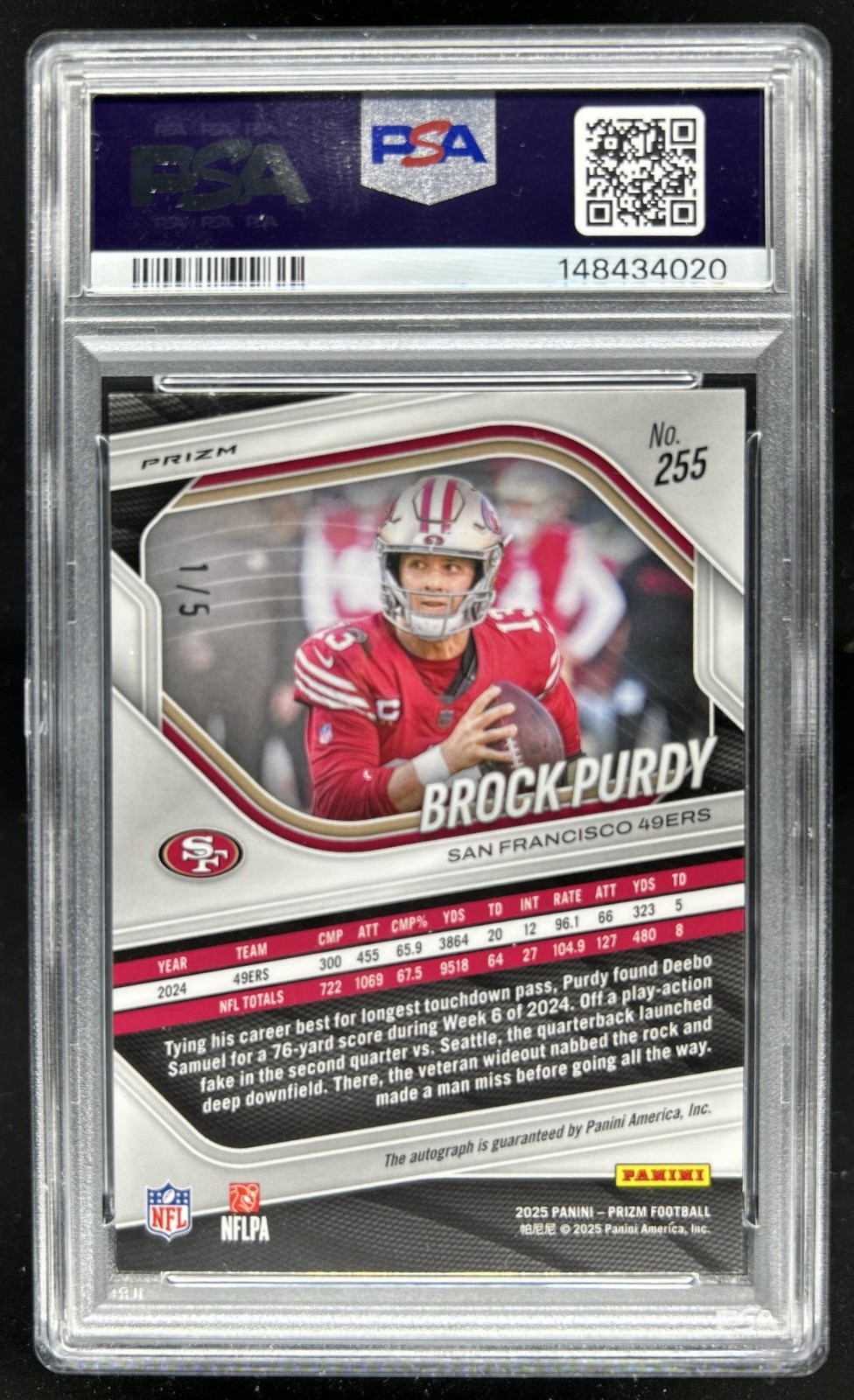 2025 Panini Prizm Brock Purdy Auto Green Shimmer #/5 49ers PSA 10 Authentic view 2