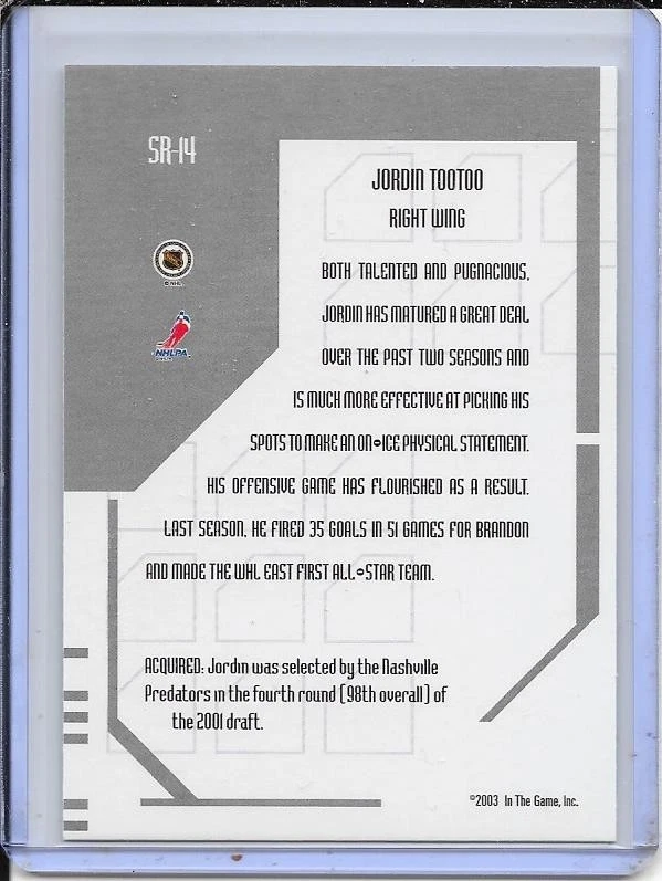 2003-04 BAP Memorabilia Jordin Tootoo Super Rookie # SR14 - Image 2 of 2