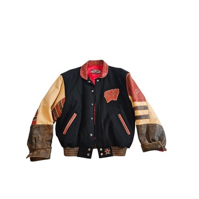 Vintage Style Leather Varsity Jacket Mens L Wisconsin Badgers Wool Jeff Hamilton
