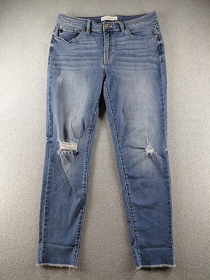 Kancan Women's Jeans Size 31 Blue Stretch Distressed Raw Hem Mid Rise 28'' Denim