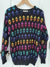 VTG 80s Lindsey Blake MEDIUM Colorful Rainbow Pullover Sweater Black Acrylic