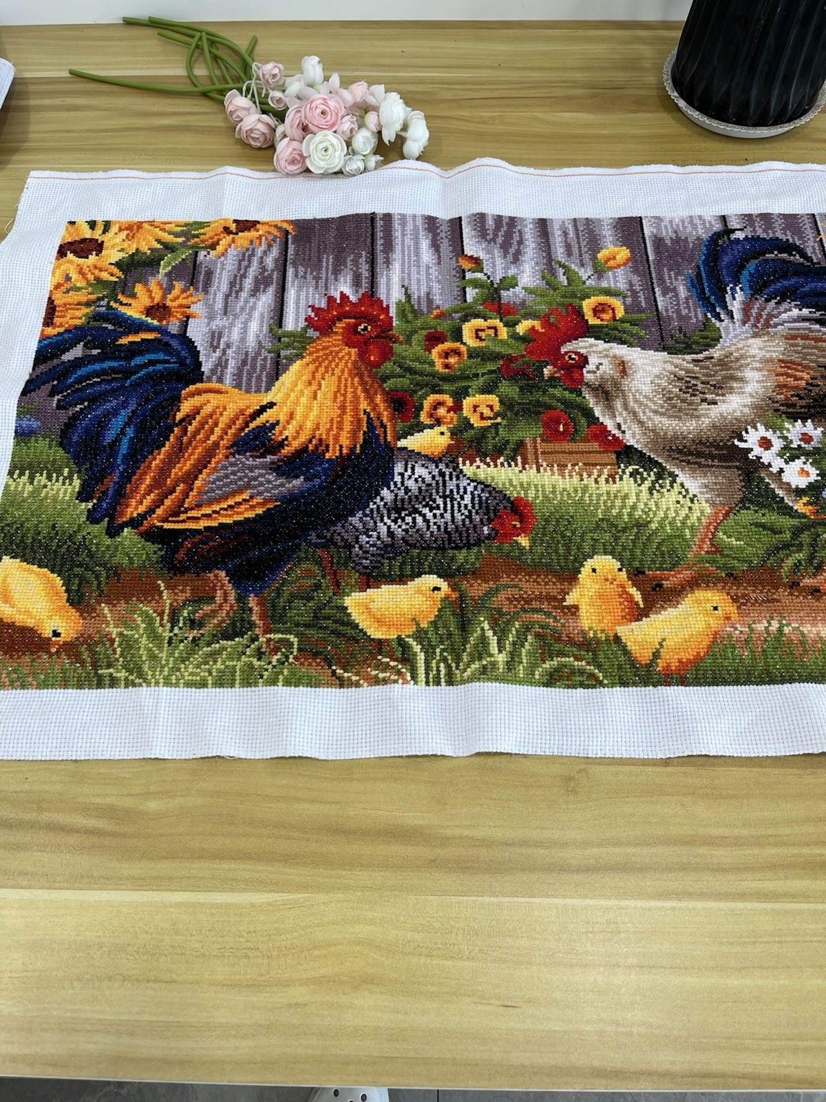 completed finished cross stitch chickens 28''x 18'' Unframed New Decoration