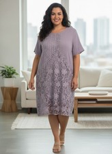 1577 - Plus Size Lavender Lace and Knit Midi Dress - Gauze Material - Size XXL