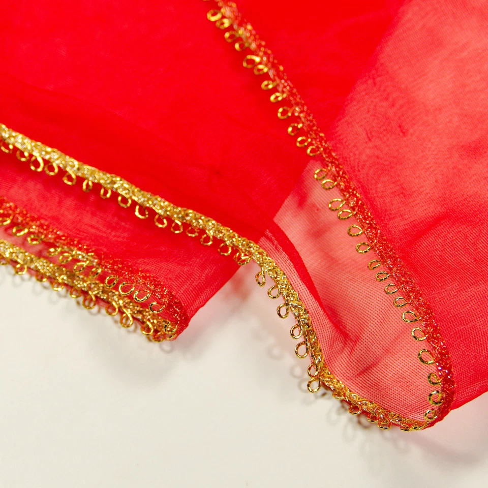 3 Yards Bright Red Chiffon Fabric Soft Fine Mesh Sheer Material w/Gold Loop Trim - Image 4 of 4