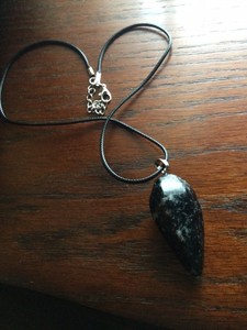 Black Corded Necklace With Black Obsidian-Granite-Agate Type Pendant