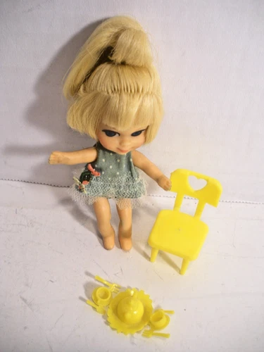 Vintage 1966 Mattel Liddle Kiddles Doll Greta Griddle w/ Clothes, Chair, Tea