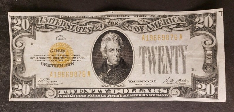 1928 $20 United States Gold Certificate Small Note