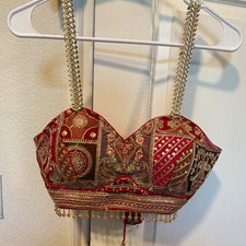 Handmade Women s Red Embroidered Choli Blouse Top, Custom Size, Beaded Straps