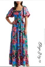 Eliza J Floral Tiered Maxi Dress Puff Sleeve Square Neck Size 10 Blue Multi