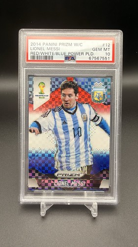 2014 PANINI PRIZM WORLD CUP RED/WHITE/BLUE POWER PLAID #12 LIONEL MESSI PSA 10